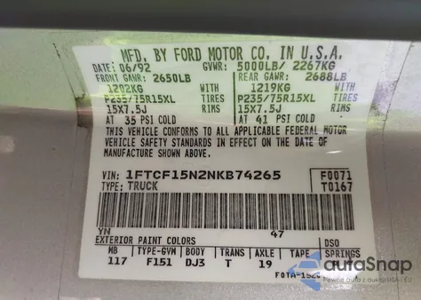 1992 Ford F150 from USA, damaged, VIN 1FTCF15N2NKB74265